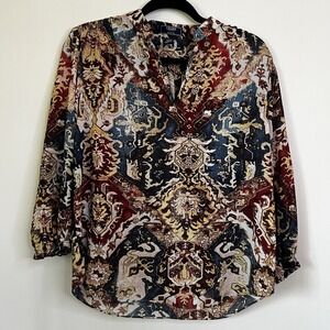 CHAPS Top Women's Size Large Petite Aztec Print Peasant V-Neck 3/4 Sleeve Blouse